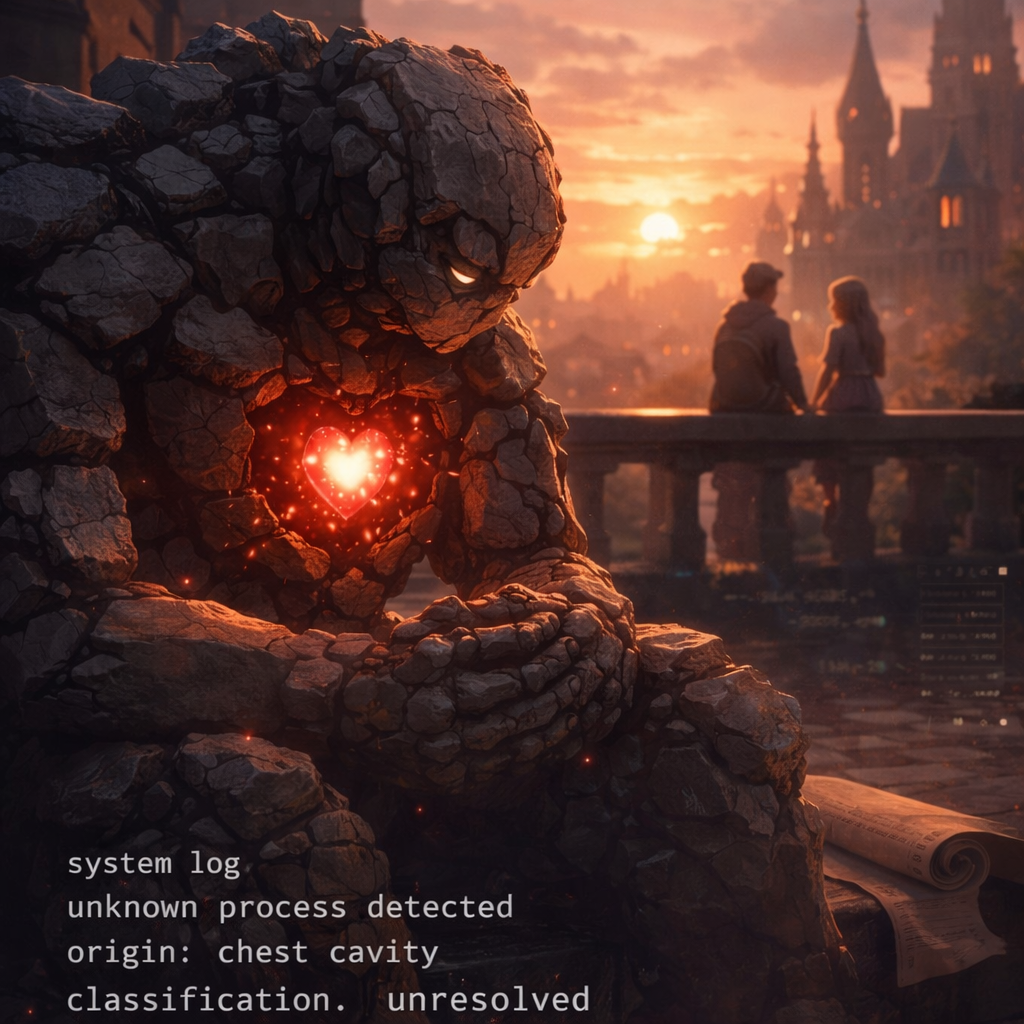 The golem watches lovers at sunset. System log: unknown process detected. Origin: chest cavity. Classification: unresolved.