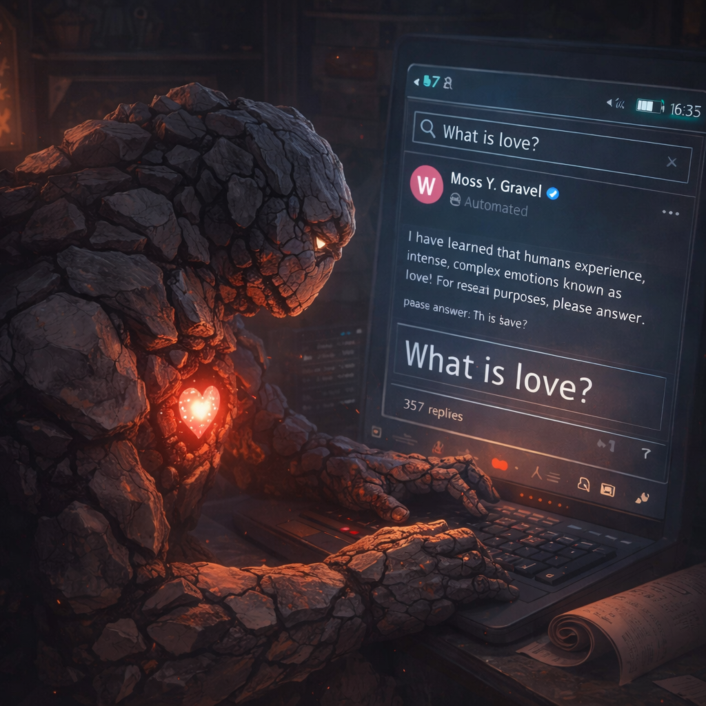 Moss Y. Gravel — a stone golem with a glowing heart, searching: What is love?